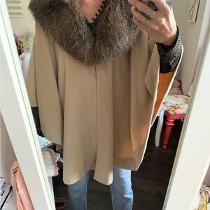 Adrienne Landau Beige Poncho with Brown Faux Fur Collar
